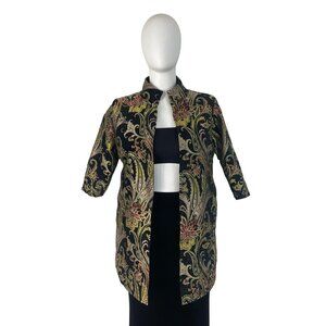 Floral Embroidered Open Jacket Womens Multicolor Brocade 3/4 Sleeve